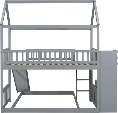Miniatura 6 de Actual Literas de casa con tobogán, litera de madera maciza individual sobre cama individual con escaleras, techo, barandillas, cama alta de madera