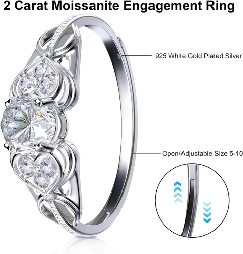 Miniatura 2 de ATESSON Anillos de compromiso de moissanita de plata de ley S925 para mujer, 2 quilates de corte redondo, anillos de compromiso de aniversario