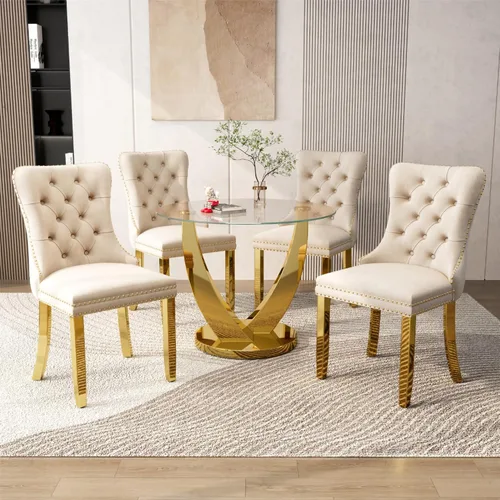 Juego de mesa de comedor redonda de vidrio de 38.9 pulgadas para 4, mesa de cocina redonda dorada con 4 sillas decorativas de terciopelo tapizadas,