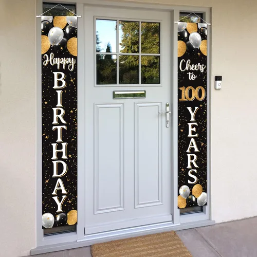 Miniatura 3 de Decoración de feliz cumpleaños número 100, globo negro y dorado número 100 para colgar en la puerta, letrero para colgar en la puerta, suministros