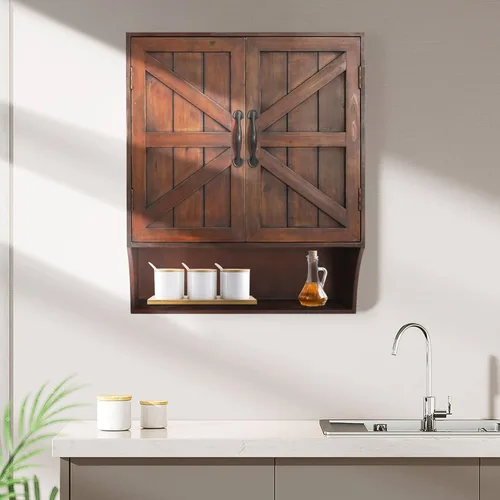 Miniatura 4 de FLORA Armario de almacenamiento montado en la pared, botiquín con puertas, armario de pared de baño vintage de madera sobre inodoro para baño