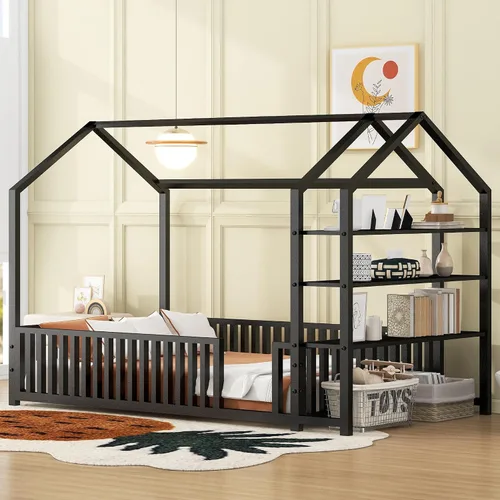 Miniatura 27 de Cama juguetona en forma de casa de tamaño matrimonial con estantes y luces, marco de cama de metal con techo para niños, adolescentes y adultos, un