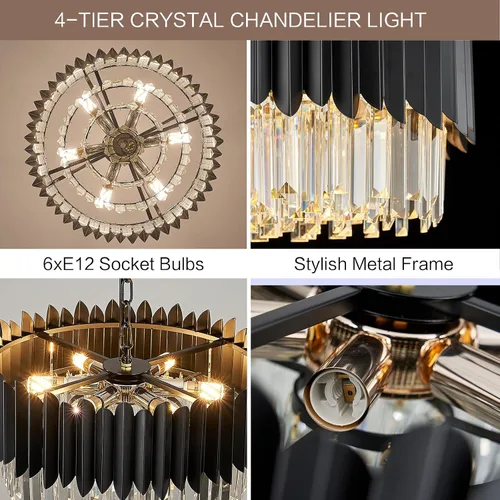Miniatura 5 de Candelabro de cristal negro de 20 pulgadas, K9, luces colgantes redondas, ajustables, de 4 niveles, gran lámpara de cristal moderna, 6 luces