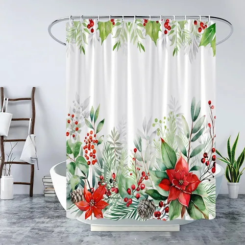 Miniatura 2 de Cortina de ducha de flores de Navidad, flor de pascua, bayas de acebo, acuarela, hojas de eucalipto verde, naturaleza, feliz año nuevo, invierno