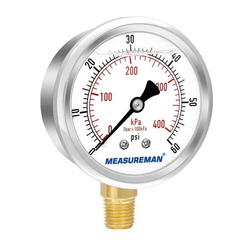 Miniatura 4 de MEASUREMAN Medidor de presión de 0-60 psi/kpa lleno de líquido con adaptador de medidor de latón 1/4NPT hembra, sonda de 2-1/2 pulg. x 1-2/5" x 1/8