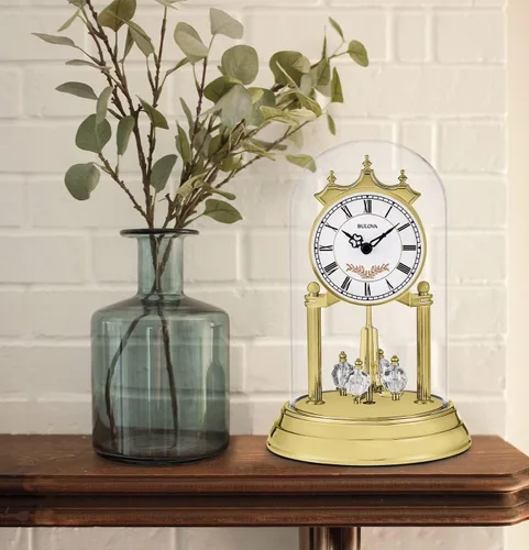 Miniatura 3 de Bulova B8821 Heather Anniversary Clock Diseño de cúpula de cristal de 9 pulgadas Péndulo de cristal giratorio Timbre Westminster Placa
