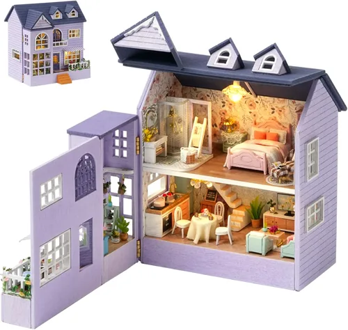 Spilay Casa de muñecas Kit de muebles de madera en miniatura, mini casa de muñecas hecha a mano con LED, escala 1:24, juguetes creativos para