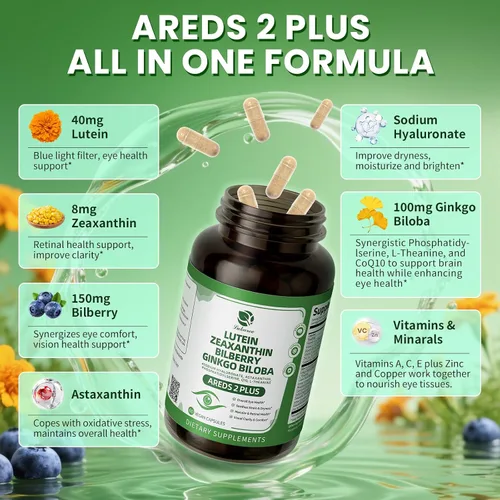 Miniatura 2 de Suplementos de luteína y zeaxantina, vitaminas avanzadas AREDS 2 para los ojos, con arándano, ginkgo biloba, astaxantina, hialuronato de sodio