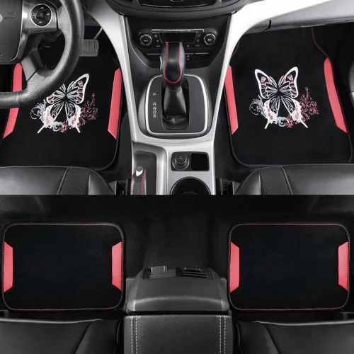Miniatura 4 de CAR Pass Tapetes bordados de mariposa para automóvil, tapete de cuero rosa con almohadilla para el talón para mujeres lindas, ajuste universal