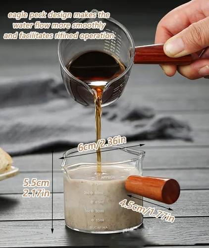 Miniatura 2 de Taza medidora de café expreso y vaso de chupito de espresso con mango de madera y boquilla doble como accesorios para café, leche y salsa de miel