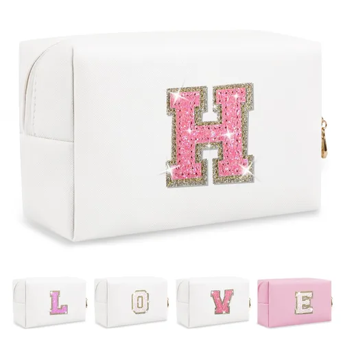 Miniatura 338 de Pequeña bolsa de maquillaje personalizada con inicial A-Z Preppy Patch, bolsa de cosméticos de viaje de felpilla blanca con cremallera, bonita bolsa
