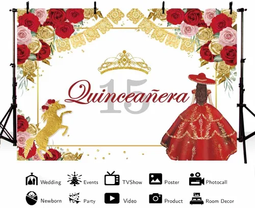 Miniatura 2 de AIBIIN Fondo de quinceañera azul de 7 x 5 pies para quinceañera para cumpleaños de 15 años, telón de fondo de fiesta mexicana, corona de rosa