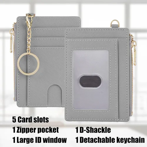 Miniatura 2 de Cartera delgada de bolsillo, bloqueo RFID, cartera con tarjetero con grillete en D y llavero desmontable para mujer, A-gris, Moda