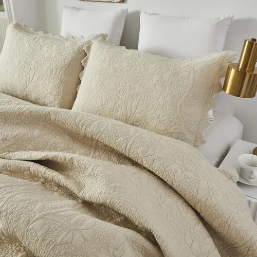 Miniatura 9 de Brandream Queen Size Quilt Set Cotton Beige Quilts Luxury Farmhouse Bedding Set Matelasse Coverlet Scalloped Quilt Set 3-Piece