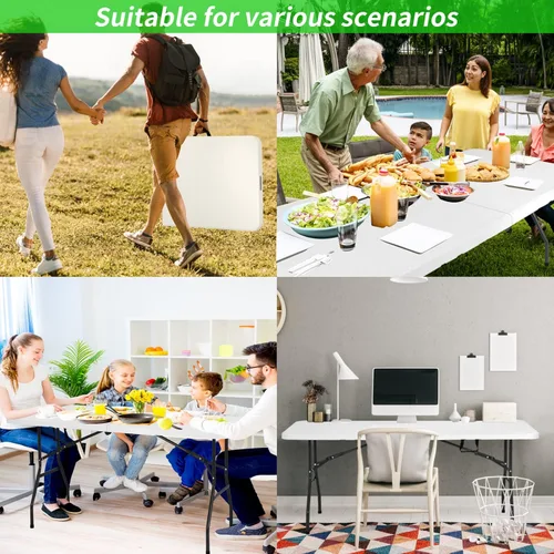 Miniatura 7 de Mesa plegable portátil de plástico de 6 pies y 71 pulgadas, parte superior resistente con asa de transporte, interior y exterior, patio, camping