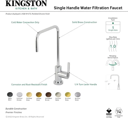 Miniatura 7 de Kingston Brass KS6191CTL Continental Grifo de filtración de agua de una sola manija, cromo pulido