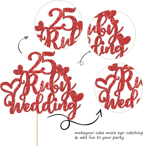 Miniatura 3 de 1 pieza de decoración de pastel de boda con 25 rubíes, rojo brillante, 25 años de rubí, decoración para pastel de feliz 25 aniversario, boda