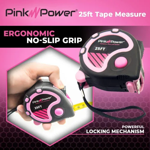 Miniatura 5 de Pink Power Cinta métrica rosa de 25 pies, cinta métrica para mujer, kit de herramientas con hoja retráctil y botón de bloqueo, kit de medición