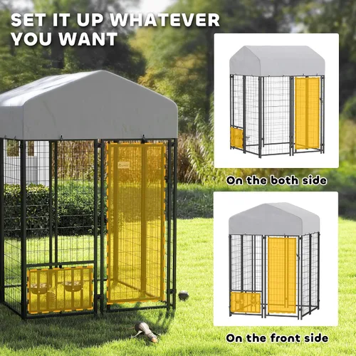 Miniatura 6 de PawHut Jaula de 4' x 4' x 6' para perros al aire libre, Jaula de alambre soldado para perros con rotación de 360° y cuencos ajustables de 4 niveles