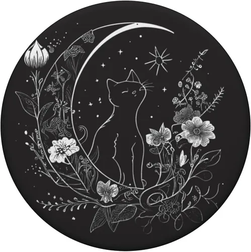 Miniatura 3 de Cat Sitting On Crescent Moon Flowers Stars Drawing PopSockets intercambiables PopGrip