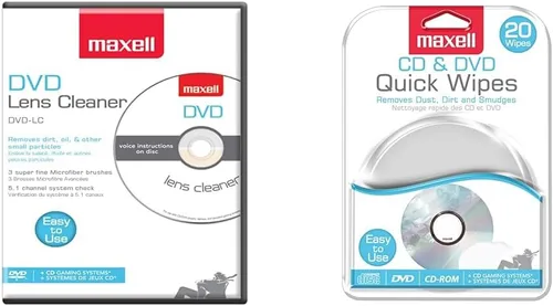 Maxell 190059, limpiador de lentes DVD con sistema de cepillo de microfibra y toallitas rápidas de CD y DVD, elimina la suciedad, el polvo y las