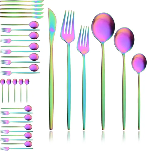 Miniatura 20 de JASHII Juego de cubiertos mate de 36 piezas con mango plano acabado satinado negro acero inoxidable cubiertos servicio para 6 para cocina casera