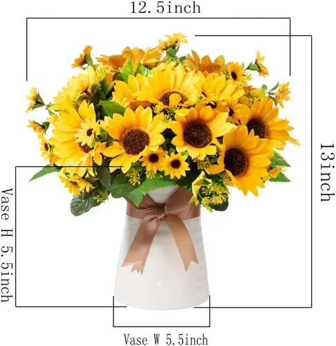 Miniatura 6 de Flores artificiales con jarrón de cerámica para decoración de otoño, 5 arreglos florales de seda falsos, centros de mesa de flores artificiales