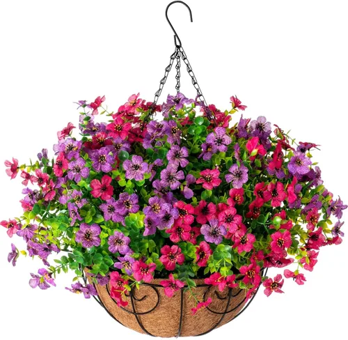 Miniatura 10 de HyeFlora Plantas Colgantes Artificiales Falsas con Flores y Cesta para Decoración Exterior, Arreglos Florales de Seda Sintética de Margaritas