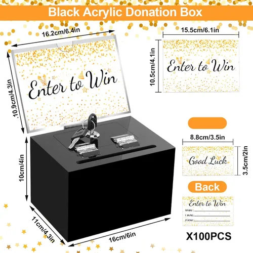 Miniatura 2 de Caja de donación acrílica negra con cerradura, caja de sugerencias segura con soporte para letreros para tarjetas de voto y consejos, 6 x 4.3 x 4