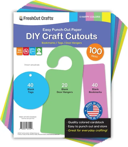 FreshCut Crafts Recortes para manualidades, 100 marcadores en blanco, ganchos de puerta, etiquetas de regalo, colores felices, tarjetas hechas en