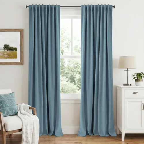 Miniatura 32 de INOVADAY Cortinas 100% opacas de 63 pulgadas de largo, juego de 2 paneles de lino con pestaña trasera, bolsillo para barra, cortinas opacas