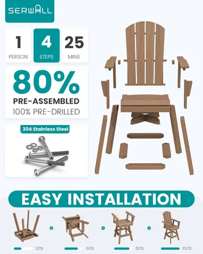 Miniatura 6 de SERWALL Silla de bar Adirondack giratoria de HDPE, silla Adirondack giratoria para balcón, taburetes de bar de altura de barra al aire libre