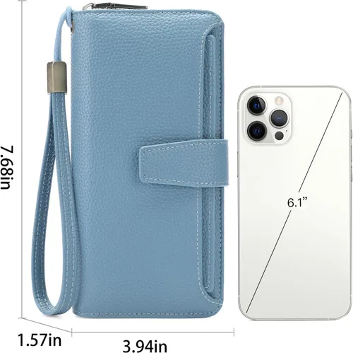 Miniatura 3 de GOIACII Cartera para mujer, de gran capacidad, con bloqueo RFID, para teléfono, tarjetero de embrague, cartera larga de viaje, color azul