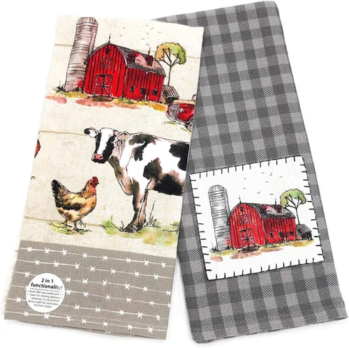 Kay Dee Designs Country Life - Juego de toallas de felpa de doble propósito y apliques para cocina, juego de animales de granja y granero rojo