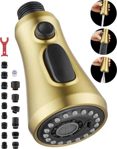Cabezal de llave de cocina de repuesto, cabezal de pulverización de llave de cocina de 3 funciones con 15 adaptadores - Reemplazo de boquilla de
