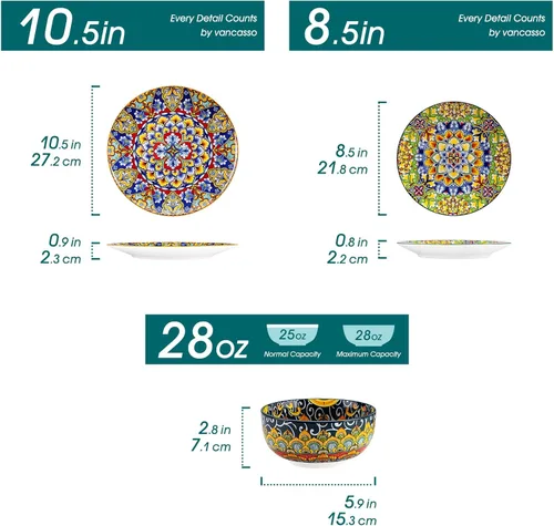 Miniatura 2 de vancasso Juego de vajilla de 18 piezas, platos y cuencos, juego de platos de porcelana para 6, aptos para microondas y lavavajillas, resistente a