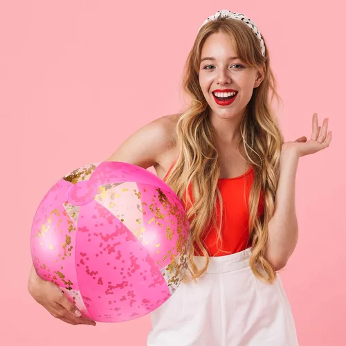 Miniatura 5 de BBTO Pelota de playa inflable con purpurina de 16 pulgadas, bolas de confeti para piscina, bolas de playa rosas para adultos, niños y niñas