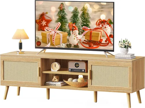 SUPERJARE Soporte de TV bohemio para TV de 65 pulgadas, centro de entretenimiento con estante ajustable, consola de TV de ratán con 2 gabinetes,