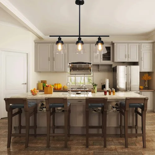 Miniatura 2 de Fivess Lighting Iluminación de Isla de Cocina Estilo Granja Negro de 3 Luces, Candelabro Lineal de Vidrio Texturizado Transparente, Varillas