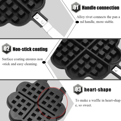 Miniatura 5 de HERCHR Molde para hacer gofres, de hierro fundido en forma de corazón, para panqueques, antiadherente, doble cara, molde para gofres con mango largo