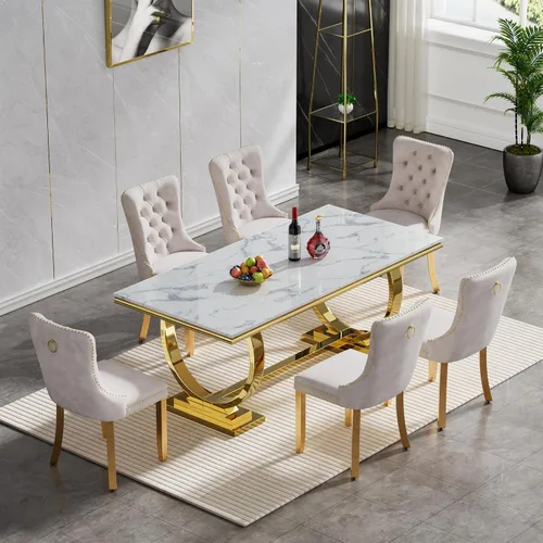 Miniatura 14 de Juego de mesa de comedor de mármol de 5 piezas para 4, mesa de cocina de lujo de 68 pulgadas de mármol negro dorado con 4 sillas tapizadas