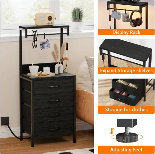 Miniatura 6 de Furnulem Mesita de noche alta con estación de carga, mesitas de noche con luces LED y estantes de almacenamiento, mesa auxiliar de cama para Roble