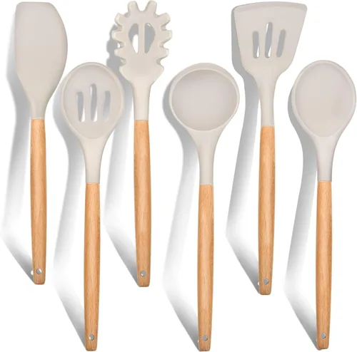 E-far Juego de 6 Utensilios de Cocina, Utensilios de Cocina de Silicona con Mango de Madera, Compatibles con Utensilios de Cocina Antiadherentes y