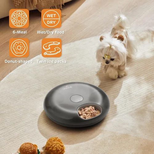 Miniatura 2 de iPettie Donut Frost - Comedero automático inalámbrico para mascotas de 6 comidas, alimentos secos y húmedos, con dos paquetes de hielo, batería