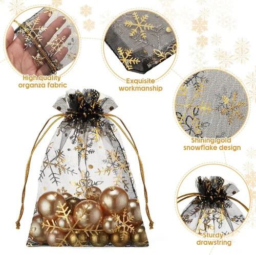 Miniatura 4 de Roowest 100 bolsas de regalo de organza con copos de nieve de 4 x 6 pulgadas, pequeñas bolsas de malla para joyas, mini cordón para dulces, bolsas