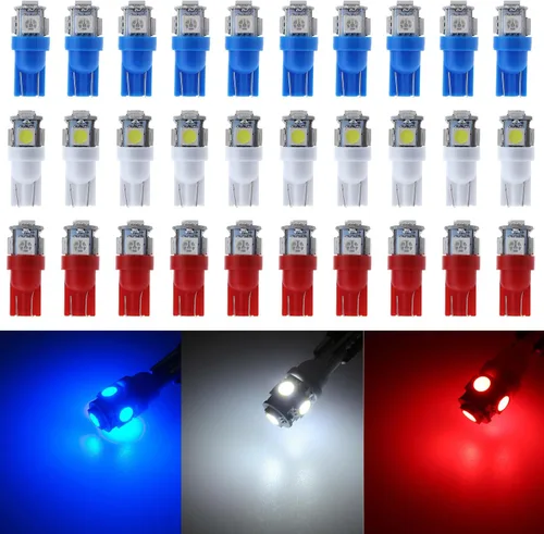 30 piezas de bombillas LED súper brillantes 194 azul+blanco+rojo T10 LED en cuña 5SMD 5050 Chips bombilla LED 168 para W5W 2825 158 501 luces