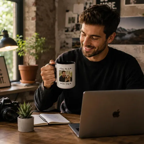Miniatura 8 de Tazas de café de cerámica personalizadas de 15 oz con texto personalizado e imagen fotográfica, regalo novedoso, personalizado con diferentes Negro