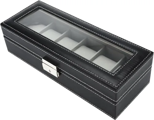 Miniatura 7 de NovelBee Cajas de reloj con 6 ranuras, vitrina rectangular para relojes con tapa de vidrio y almohadas extraíbles para hombres y mujeres