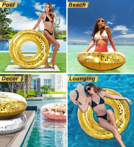 Miniatura 3 de POZA Flotador de Tubo Inflable para Piscina – Anillo de natación de confeti brillante, Tubo Inflable de Servicio Pesado Resistente a los Rayos UV Oro