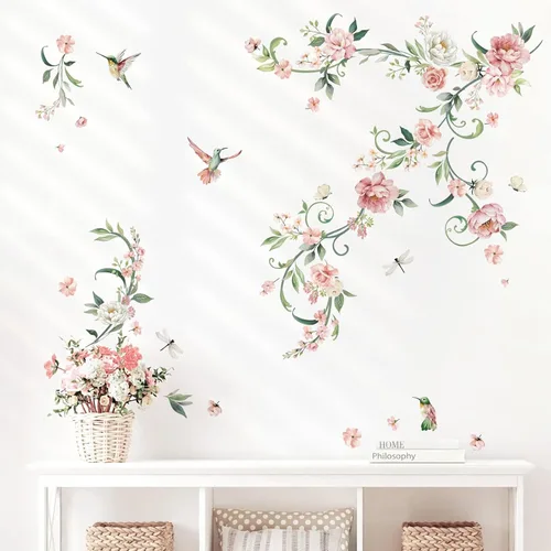 decalmile Pegatinas de pared con flores de peonía, pájaros y flores rosas, para sala de estar, dormitorio, dormitorio de niñas, decoración de pared
